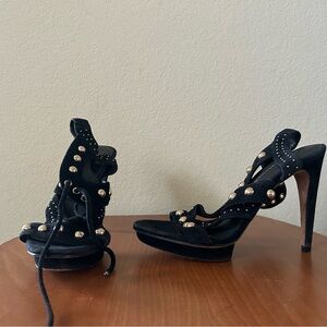 Rebecca Minkoff Ilima Gold Studded Black Suede Lace Up Platform Sandal Heel Sz 6